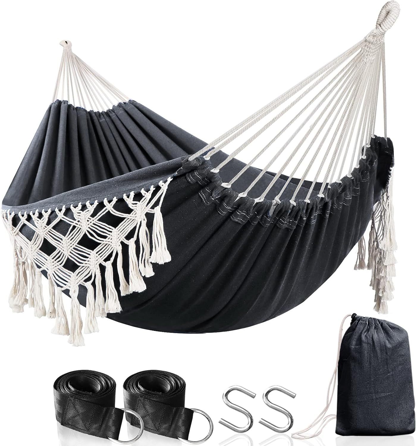 Garden Cotton Hammock Comfortable Fabric Elegant Deluxe Tassels Durable Swing Hammock Up to 450lbs Portable Hammock with Travel Bag,Perfect for Porch Patio Yard Bedroom Outdoor/Indoor