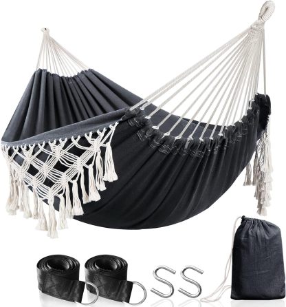 Garden Cotton Hammock Comfortable Fabric Elegant Deluxe Tassels Durable Swing Hammock Up to 450lbs Portable Hammock with Travel Bag,Perfect for Porch Patio Yard Bedroom Outdoor/Indoor