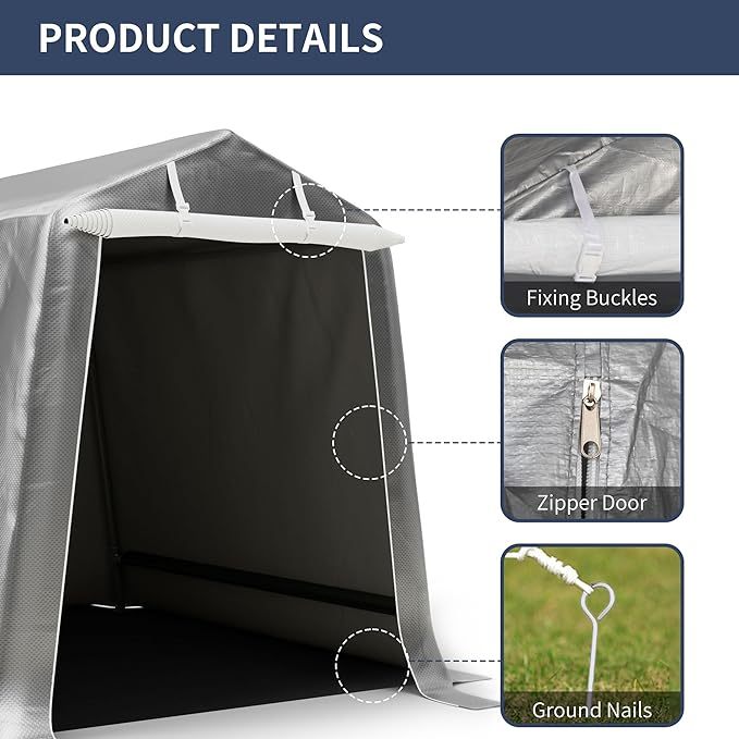 6x8ft Portable Shelter Shed, 7ft High Outdoor Storage with UV Resistant and Waterproof Tarp