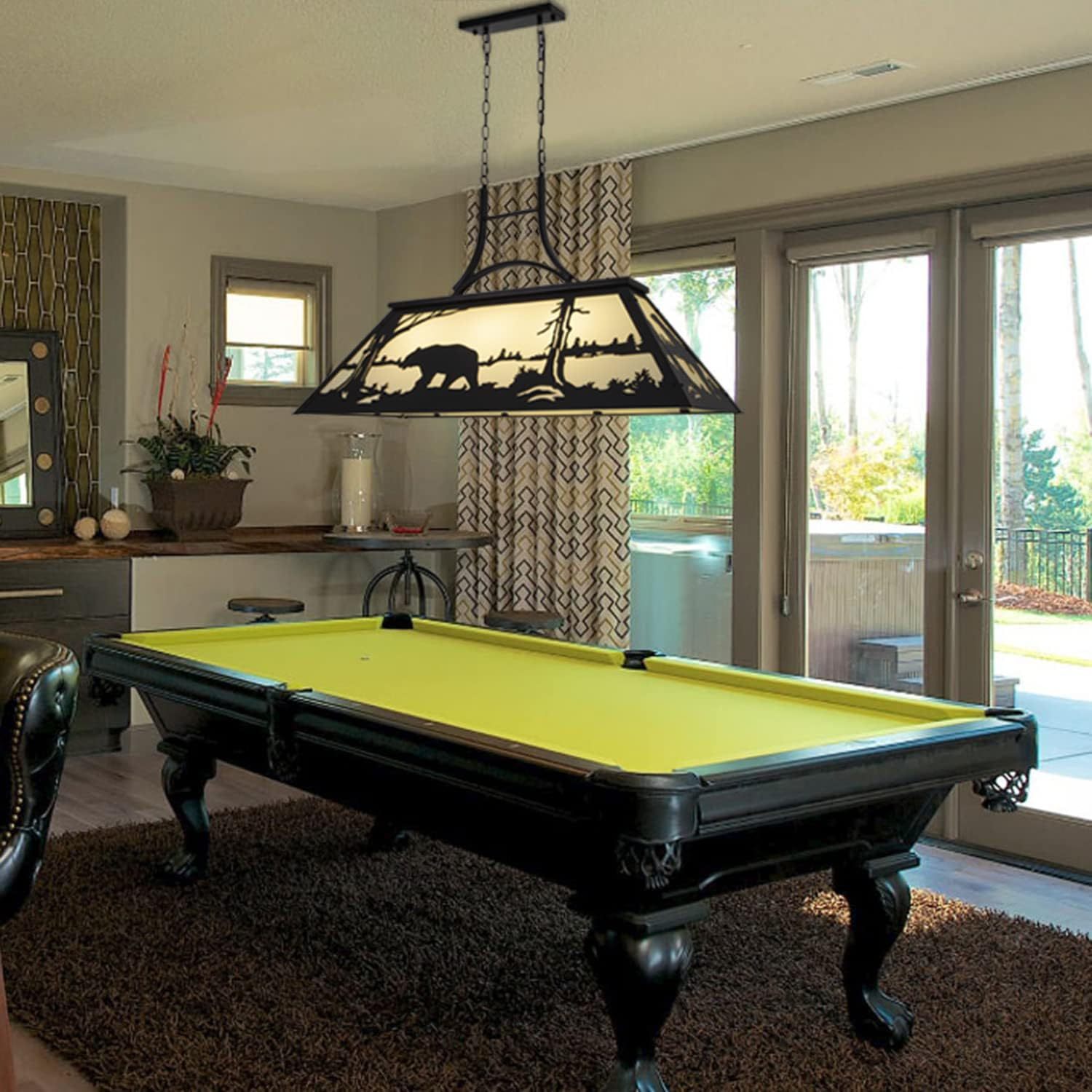 Tiffany Pool Table Light 3 Lights, Rustic Bear Chandelier for Kitchen Island, Cabin, Billiards Table Lamp
