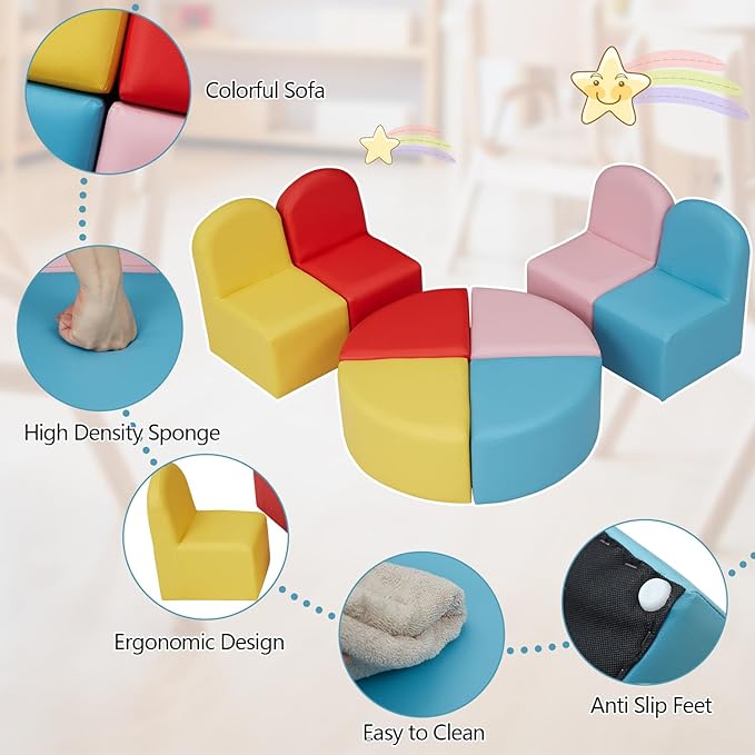 Kids Sofa Seating Set Convert to Table and 4 Chairs Colorful Stools