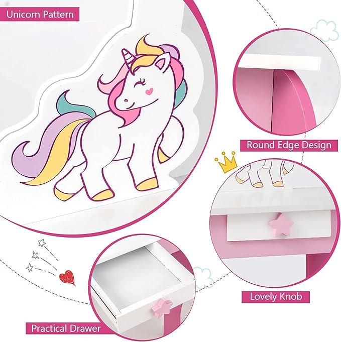 Kids Vanity Set with Mirror, Wooden Princess Makeup Table and Stool Set