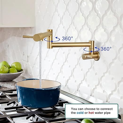 Brushed Gold Pot Filler Faucet 19 Inch Folding Stretchable Wall Mount Kitchen Restaurant Faucet SUS304 Stainless Steel with Double Joint Swing Arm Single Hole Two Handles Commercial NPT
