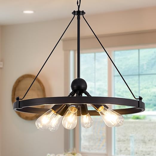 Farmhouse Chandelier Diam 38'', Large Wagon Wheel Chandelier Wild West for Dining Room, Rustic Metal Finish with 8 Lights Sputnik Chandelier (Black, Small)