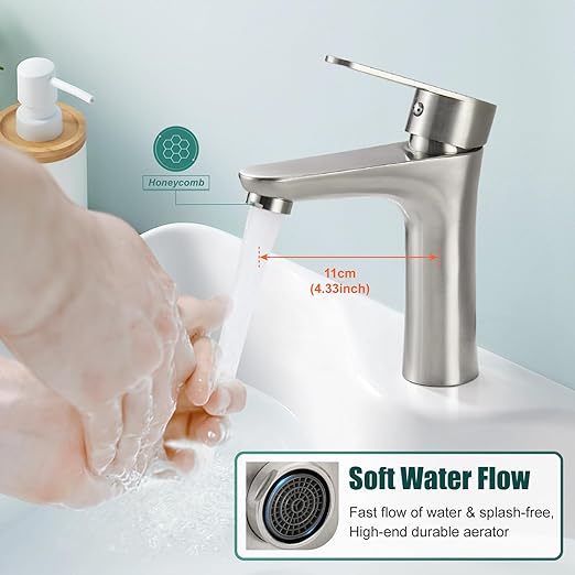 Brushed Nickel Bathroom Faucet Single Handle 1 Hole SUS304 Stainless Steel Deck Mount Lavatory Single Switch Basin Sink Hot and Cold Water Mixer Tap with Pop Up Drain