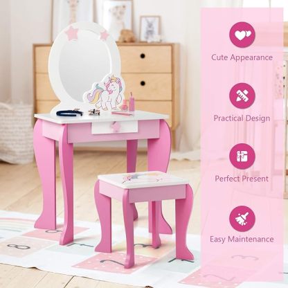 Kids Vanity Set with Mirror, Wooden Princess Makeup Table and Stool Set