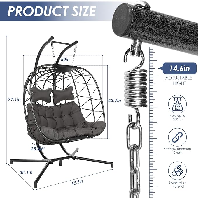 Double Egg Chair with Stand Wicker Swing Chair for 2 Person