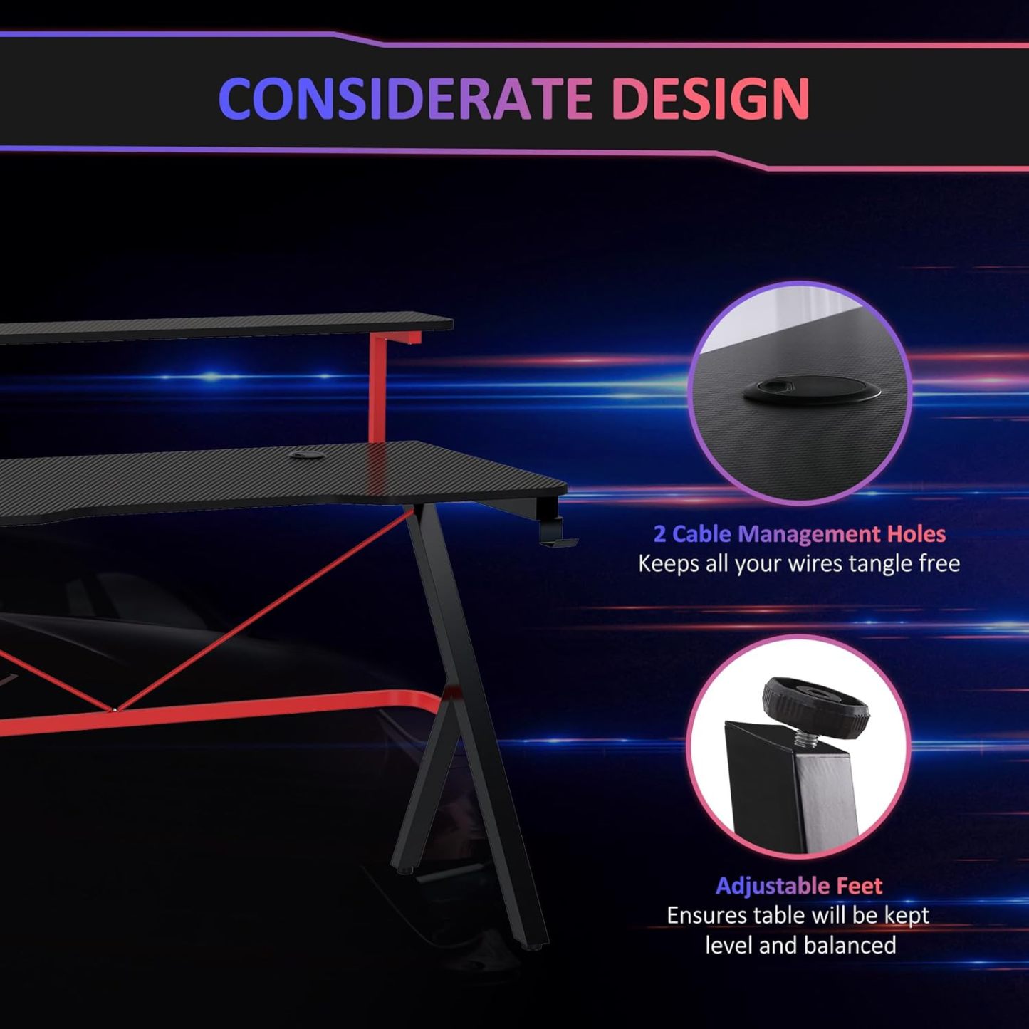 47 Inch Gaming Desk Racing Computer Desk Home Office Workstation with Elevated Monitor Shelf