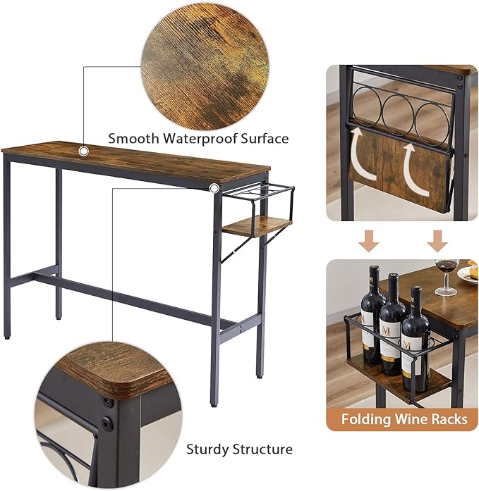 3-Piece Bar Table and Chairs Set, High Top Pub Table with Folding Wine Rack & 2 Wooden Stools