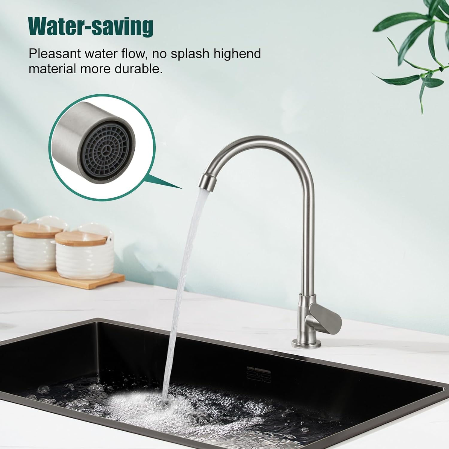 Brushed Nickel Kitchen Faucet Cold Water Only SUS304 Stainless Steel Deck Mounted Single Handle Single Hole High Arc 360 Degree Swivel Spout Bathroom Sink Tap Easy Install with Cold Water Supply Line