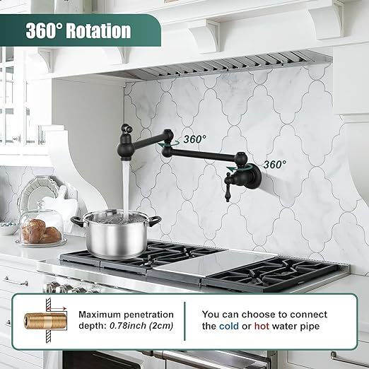 Pot Filler Kitchen Matte Black Dual Handles Wall Mount SUS304 Stainless Steel Single Hole 360 Degrees Rotation Commmercial Faucet Double Joints Modern Strechable Folding Arm Heyalan