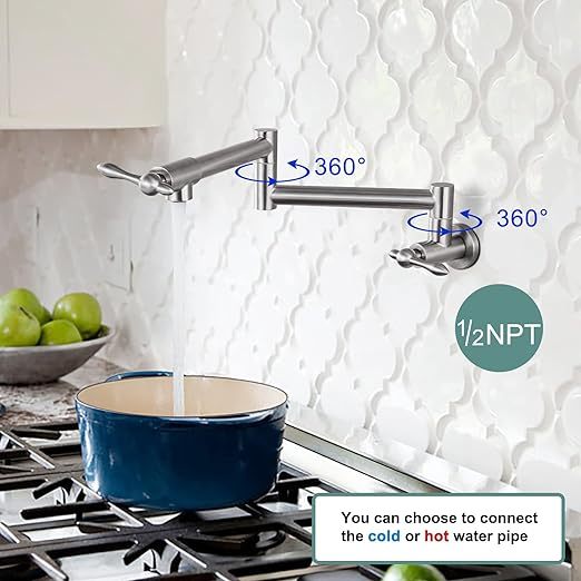 Pot Filler Faucet Stainless Steel SUS304 Brushed Nickel Double Joint Spout Stretchable Swing Arm with Single Hole 19 Inch Two Handles Wall Mounted Commercial Kitchen Faucet