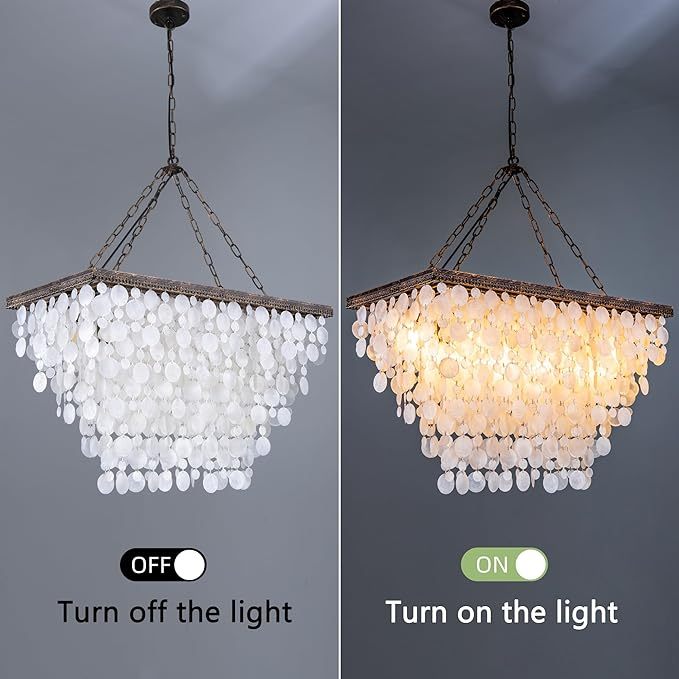 9 Lights Capiz Shell Chandelier for Kitchen Island, Seashell Pendant Light Ceiling Light Fixture, Rectangle Coastal Ceiling Hanging Light