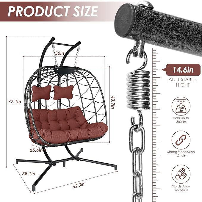 Double Egg Chair with Stand Wicker Swing Chair for 2 Person