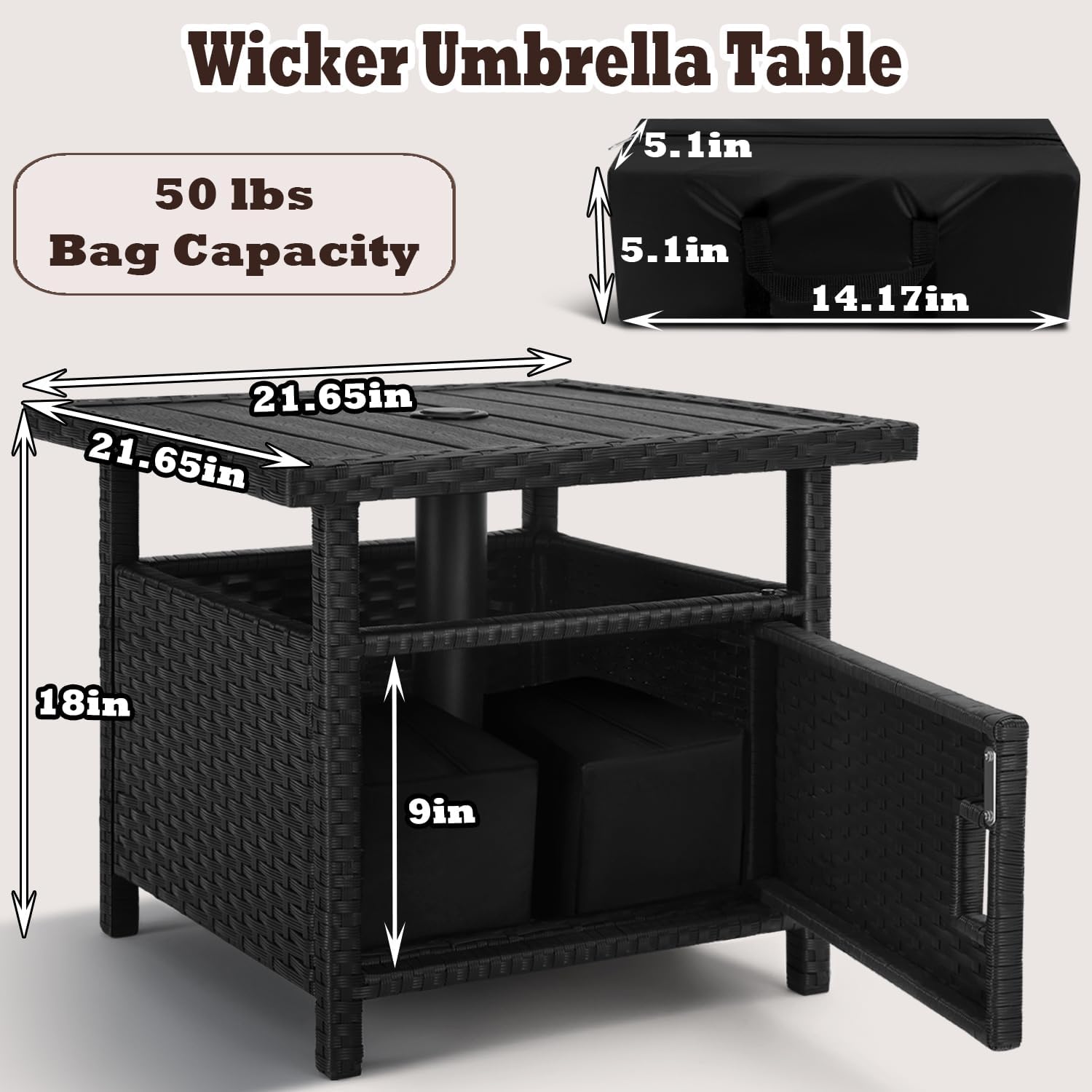 Outdoor Patio Umbrella Side Table with Umbrella Hole Small Wicker Coffee Table