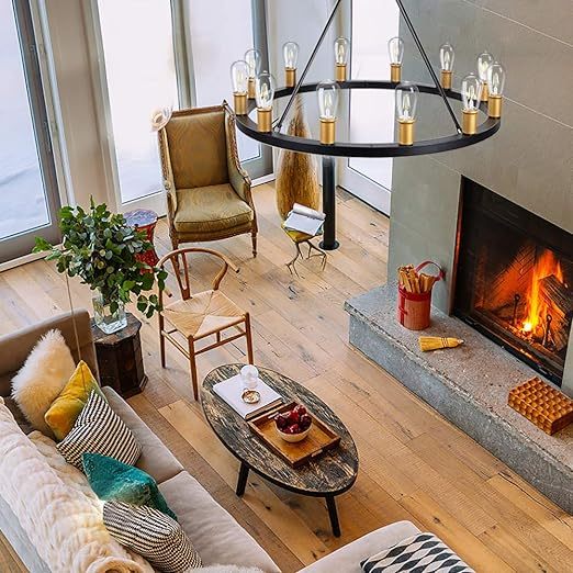 Farmhouse Chandelier,12 Lights Black Wagon Wheel Large Chandelier for Kitchen Island,Hanging Modern Farmhouse Pendant Light