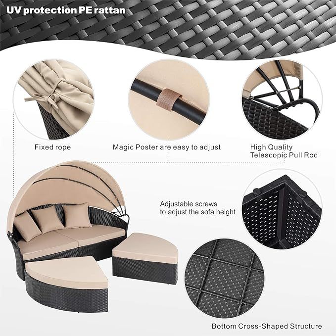 Outdoor Patio Furniture Outdoor Round Daybed with Retractable Canopy