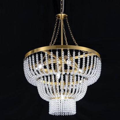 Beaded Chandelier for Dining Room, Modern Gold Pendant Hanging Light 3 Tiers, Boho Crystal Chandelier for Bathroom,Foyer,Entryway, Brushed Brass Finished with Glass Bead (Glass Bead)