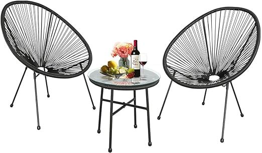 3 Piece Acapulco Conversation Set, Patio Bistro Set, All Weather Patio Set, Outdoor Furniture Rattan Chair Sets, Glass Top Table and 2 Chairs for Indoor, Lawn, Garden, Poolside (Black)