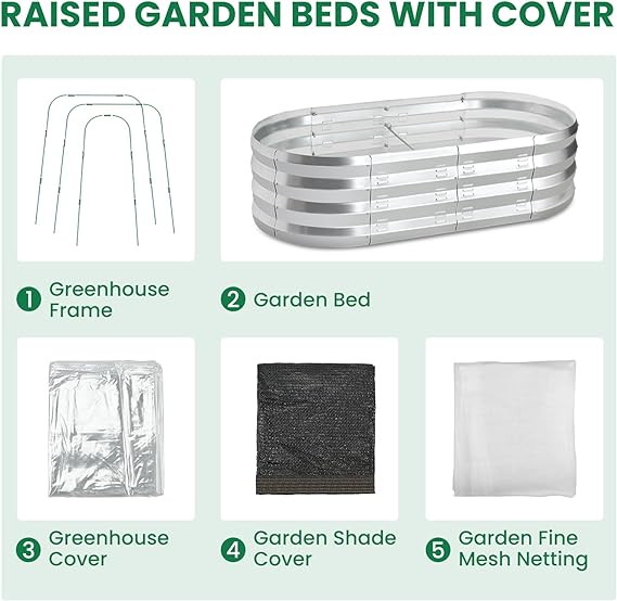 Raised Garden Bed with Greenhouse Frame and 3 Covers, Galvanized Metal Oval Planter Box for Outdoor Gardening, Tall Garden Box with Large Planting Space