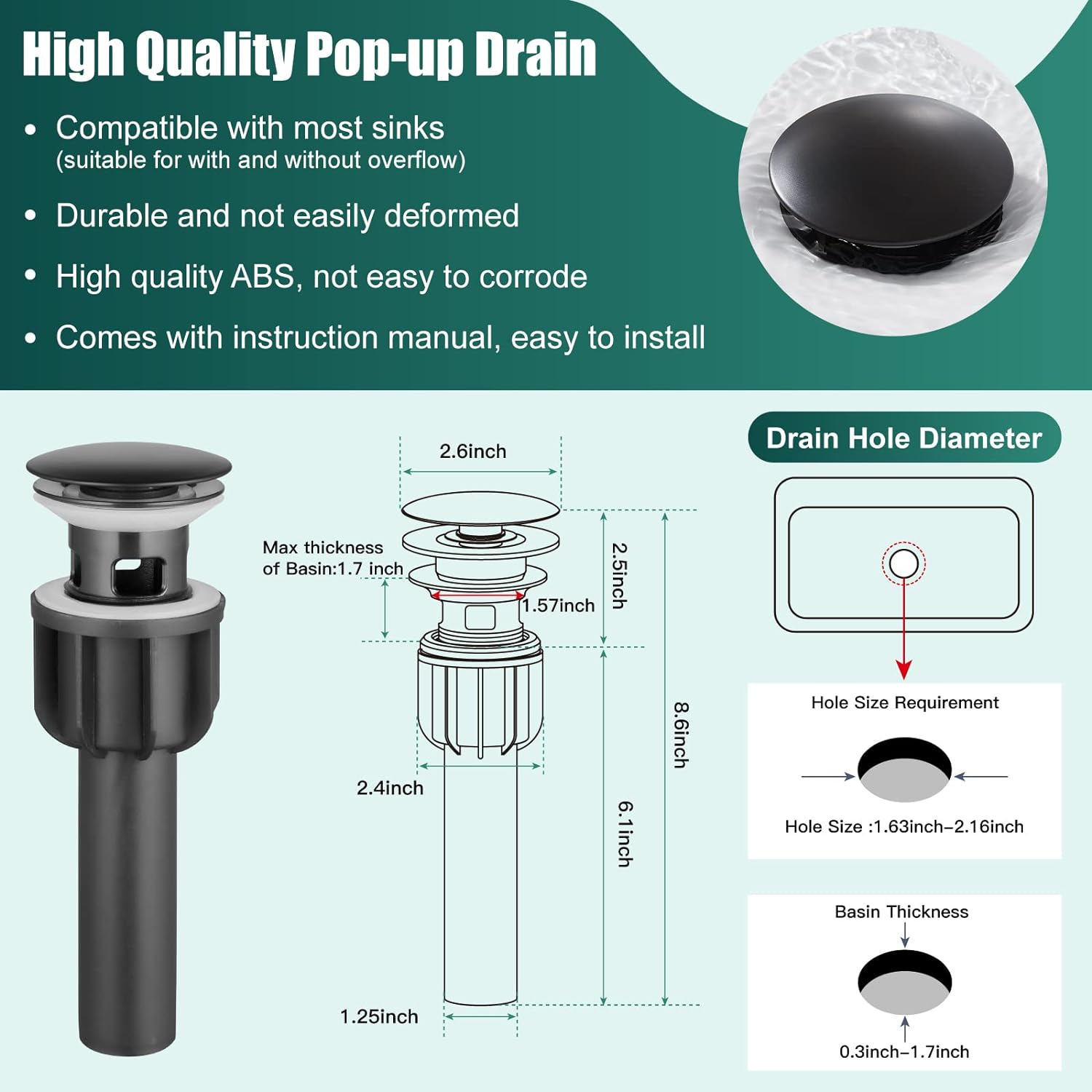 Matte Black Single Hole Bathroom Faucet,1 Handle Brass Bathroom Sink Faucets Basin Mixer Tap Deck Mount Lavatory Vanity Restroom Faucet Deck Plate Pop Up Drain Included