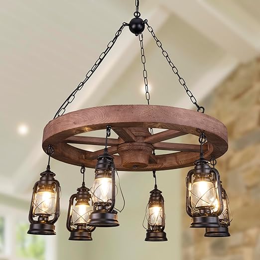 Western Wagon Wheel Chandelier with Antique Rustic Lanterns, Farmhouse Chandeliers for Dining Room