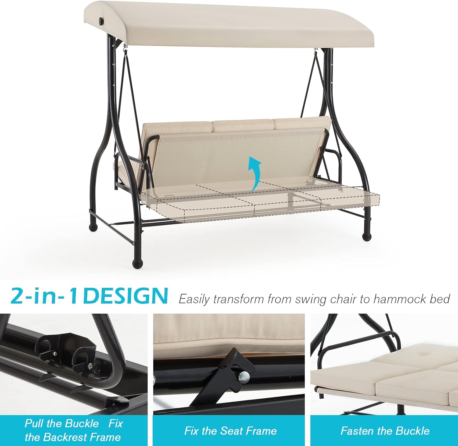 3-Seat Outdoor Patio Swing Chair, Converting Swing Glider Canopy Hammock w/Adjustable Backrest and Canopy, Removable Cushions for Porch, Backyard, Poolside, Beige