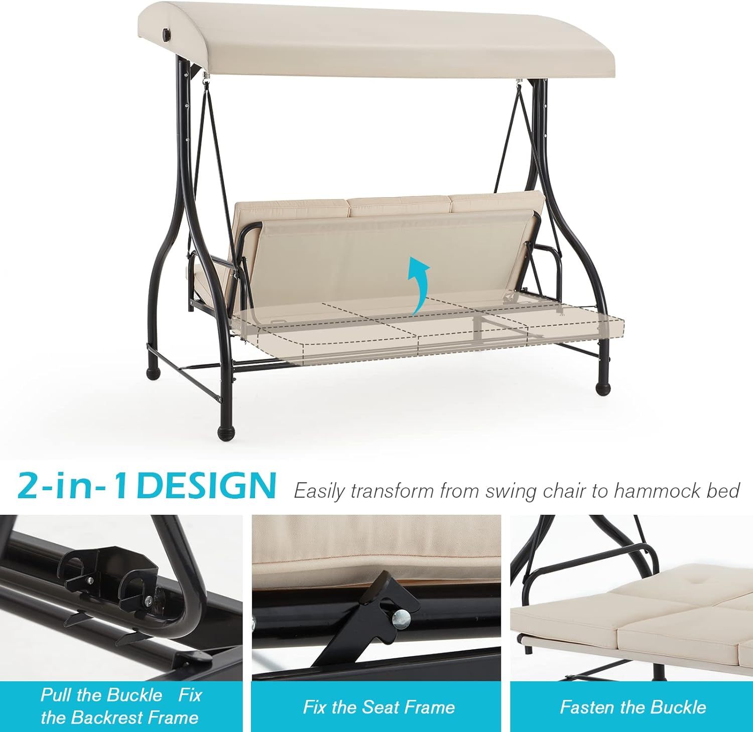 3-Seat Outdoor Patio Swing Chair, Converting Swing Glider Canopy Hammock w/Adjustable Backrest and Canopy, Removable Cushions for Porch, Backyard, Poolside, Beige