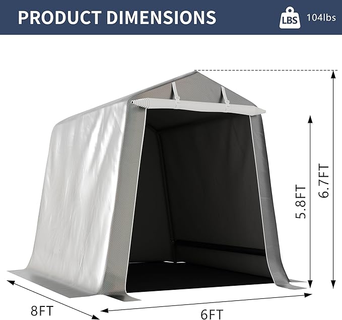 6x8ft Portable Shelter Shed, 7ft High Outdoor Storage with UV Resistant and Waterproof Tarp