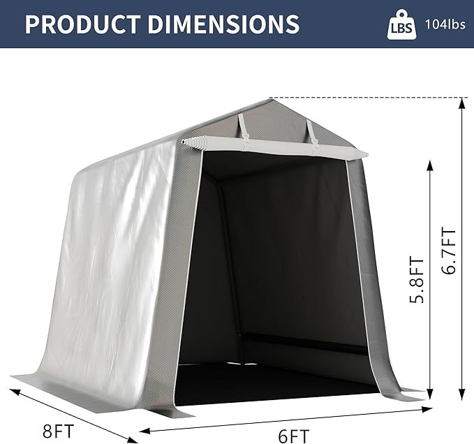 6x8ft Portable Shelter Shed, 7ft High Outdoor Storage with UV Resistant and Waterproof Tarp