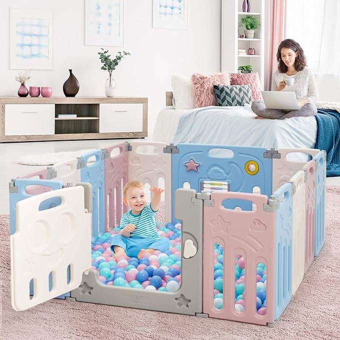 14 Panel Foldable Baby Playpen, Anti-Slip Base & Lockable Safety Gate