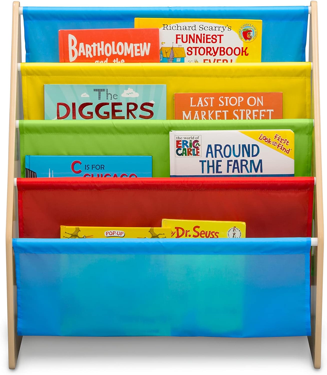 Sling Book Rack Bookshelf, 4-Tier Wooden Shelf with Soft Fabric Pockets