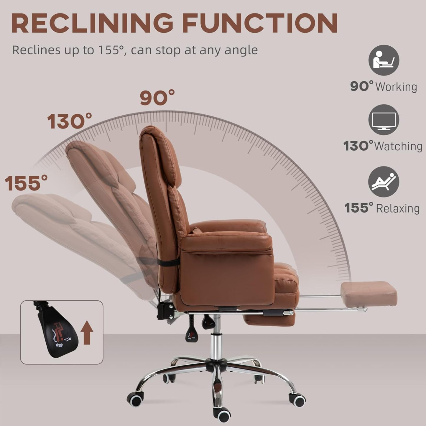 Executive Office Chair with Footrest and Lumbar Support, PU Leather Ergonomic Office Desk Chair, Reclining and Swivel Chair