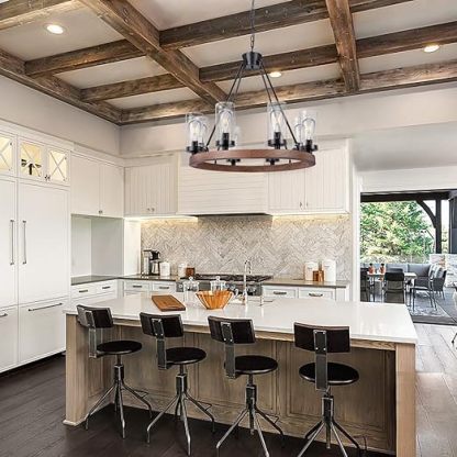 8-Light Farmhouse Chandeliers for Dining Room, 30 inch Rustic Wagon Wheel Chandelier with Seeded Glass Shade, Antique Vintage Round Wood-Painted Hanging Lighting Kitchen Island Living Room