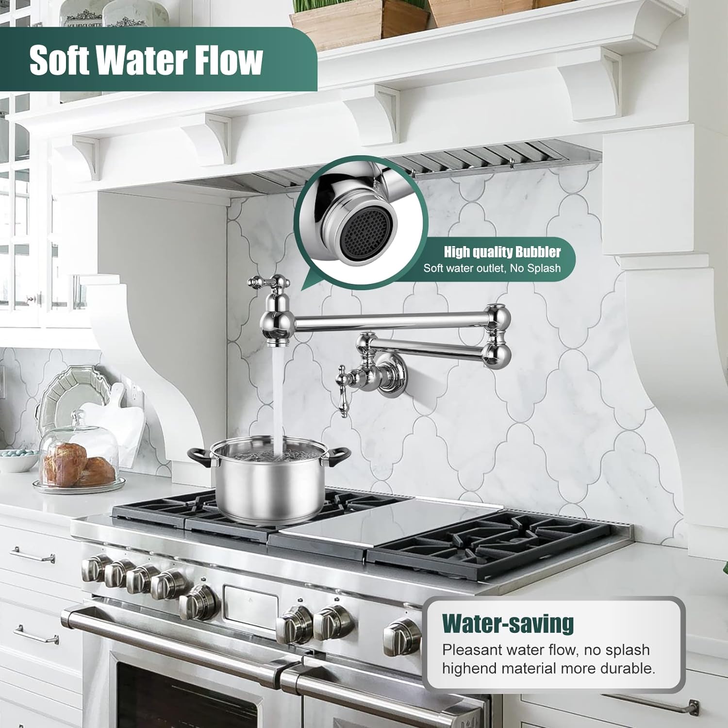 Kitchen Pot Filler Faucet Wall Mount Two Handles Single Hole Heyalan Strechable Arm Polished Chrome SUS304 Stainless Steel Double Connectors Folding Modern 360 Degrees Rotation