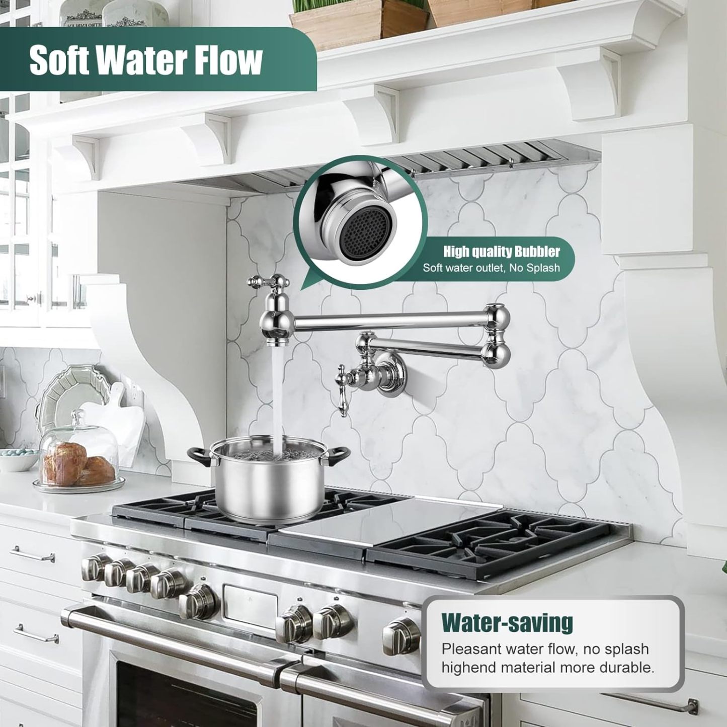 Kitchen Pot Filler Faucet Wall Mount Two Handles Single Hole Heyalan Strechable Arm Polished Chrome SUS304 Stainless Steel Double Connectors Folding Modern 360 Degrees Rotation