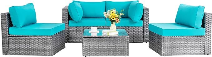 5 Pieces Outdoor Patio Sectional Sofa Couch, Silver Gray PE Wicker Furniture Conversation Set