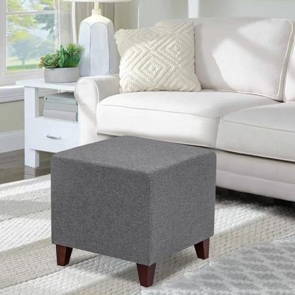Square Ottoman Fabric Cube Foot Rest Stool with Wooden Legs