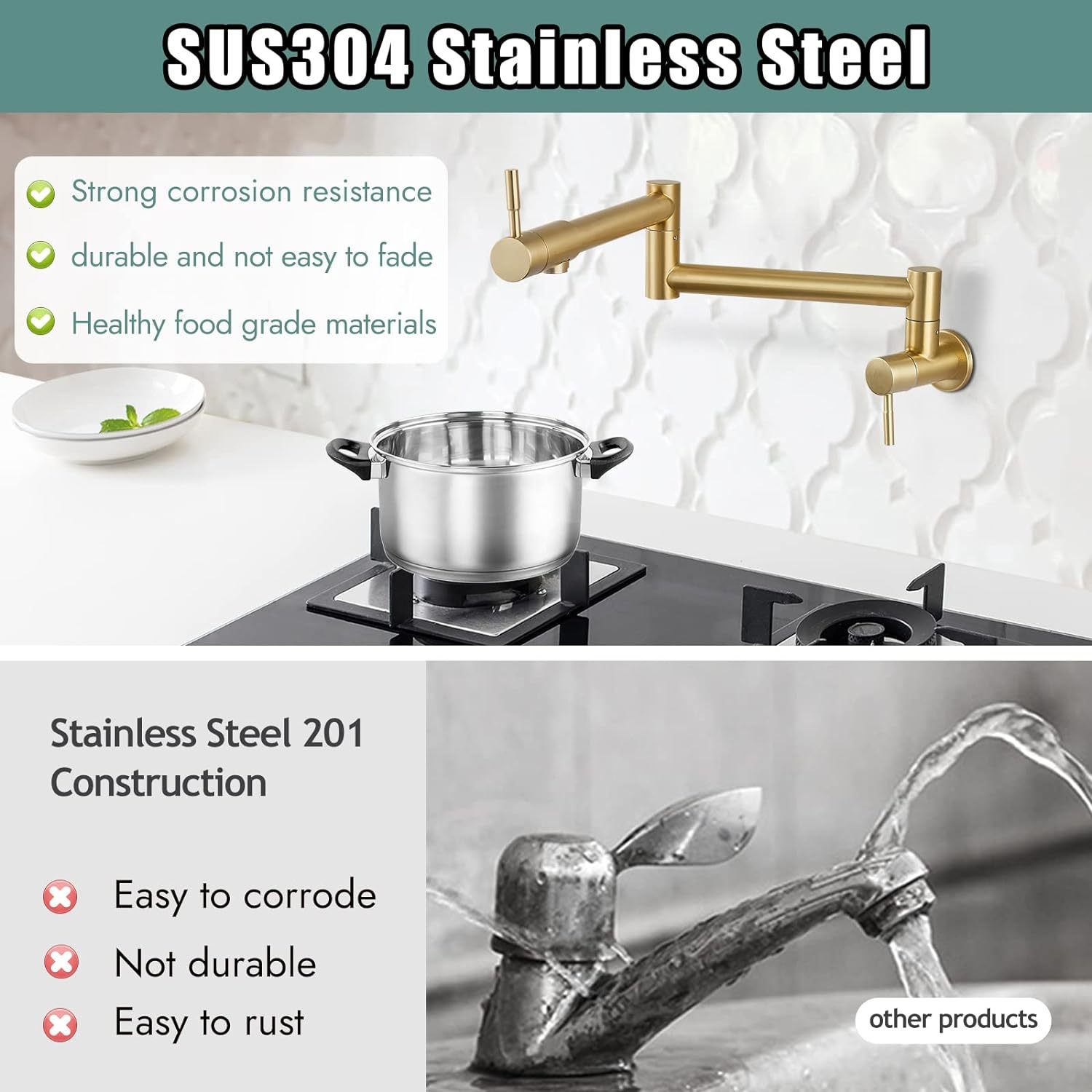 Brushed Gold Pot Filler Faucet 19 Inch Folding Stretchable Wall Mount Kitchen Restaurant Faucet SUS304 Stainless Steel with Double Joint Swing Arm Single Hole Two Handles Commercial NPT