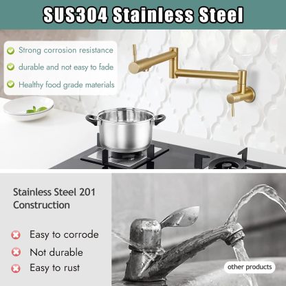 Brushed Gold Pot Filler Faucet 19 Inch Folding Stretchable Wall Mount Kitchen Restaurant Faucet SUS304 Stainless Steel with Double Joint Swing Arm Single Hole Two Handles Commercial NPT