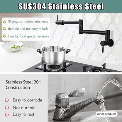 Matte Black Pot Filler 19 Inch Wall Mount Folding Stretchable Kitchen Restaurant Faucet Stainless Steel Pot Filler with Double Joint Swing Arm Single Hole Two Handles Commercial NPT
