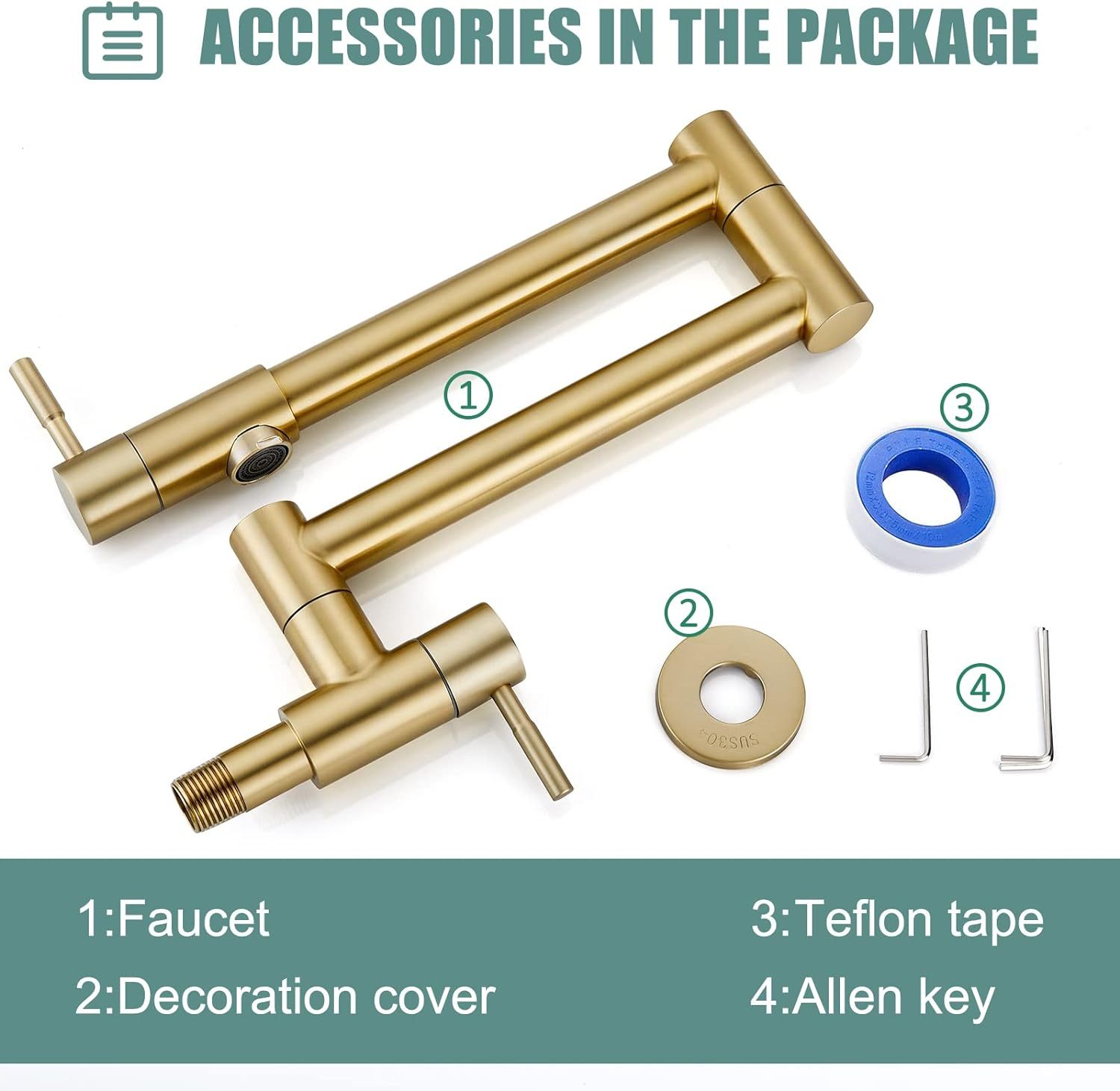 Brushed Gold Pot Filler Faucet 19 Inch Folding Stretchable Wall Mount Kitchen Restaurant Faucet SUS304 Stainless Steel with Double Joint Swing Arm Single Hole Two Handles Commercial NPT