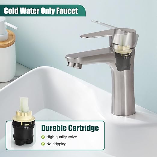 Brushed Nickel Bathroom Faucet Cold Water Only SUS304 Stainless Steel Single Handle One Hole Deck Mounted Lavatory Tap Single Switch 3/8" Hose with Male 3/8" - Female 1/2" Adapter(Drain not Included)