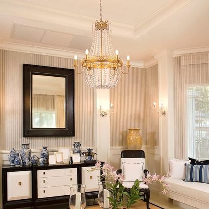 French Empire Crystal Chandelier Modern Adjustable Hanging Pendant Ceiling Mount Light Fixture for Hallway Dining Living Room Bedroom Foyer, H 38.2" x W 31.5", Gold, 6-Light, E12 Base