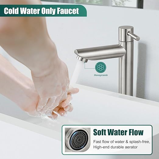 Brushed Nickel Bathroom Sink Faucet Cold Water Only Tall Body SUS304 Stainless Steel Straight Spout Single Handle One Hole Deck Mount Lavatory Faucet with Supply Water Hose(Drain Not Included)