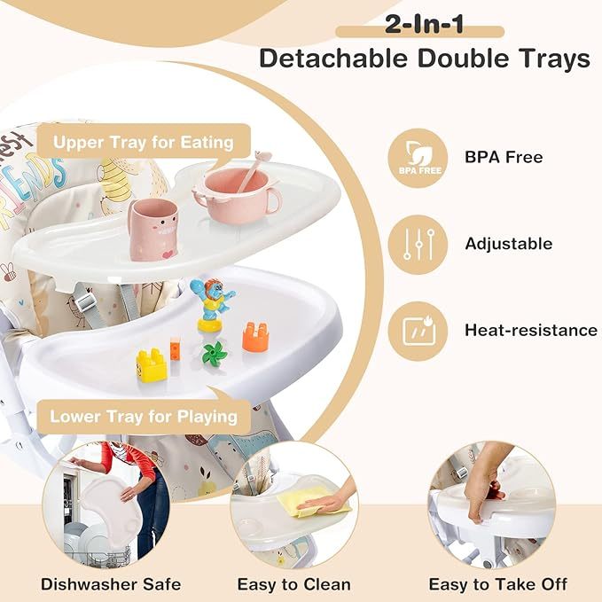 Plastic Foldable Highchair for Babies and Toddlers, 7 Adjustable Heights