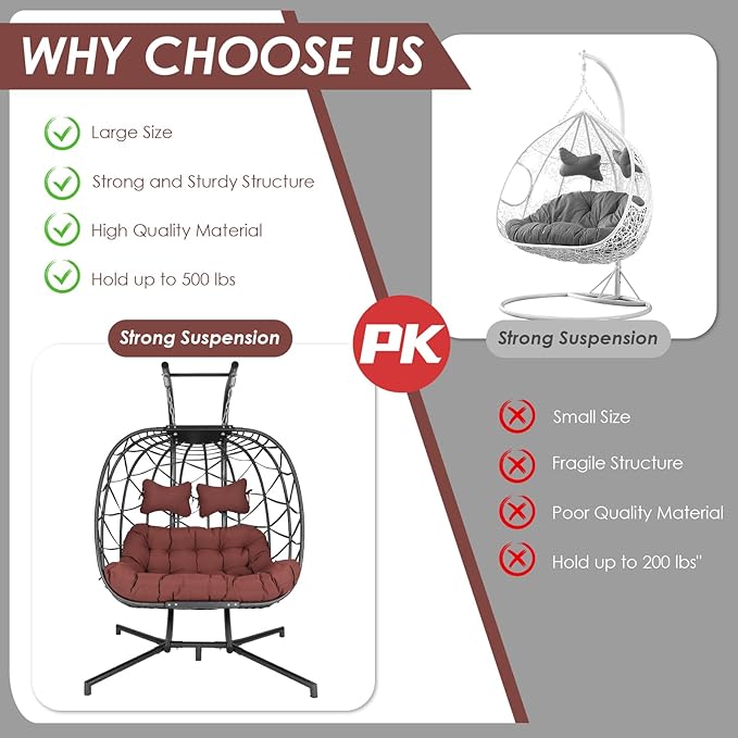Double Egg Chair with Stand Wicker Swing Chair for 2 Person