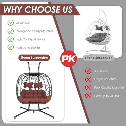 Double Egg Chair with Stand Wicker Swing Chair for 2 Person