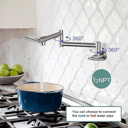 Pot Filler Faucet Wall Mounted Stainless Steel 19 Inch 304 Brushed Nickel Double Joint Swing Folding Arms with Two Handles Single Hole Commercial Kitchen Faucet Control Water