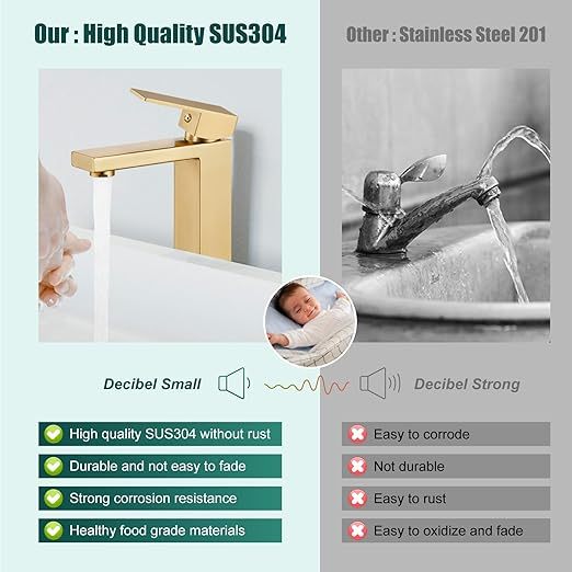 Brushed Gold Restroom Faucet,Bathroom Vessel Sink Faucet Single Handle Basin Bowl Tap SUS304 Stainless Steel Tall Body 1 Hole Lavatory Vanity Mixer Bar Tap with Pop Up Drain
